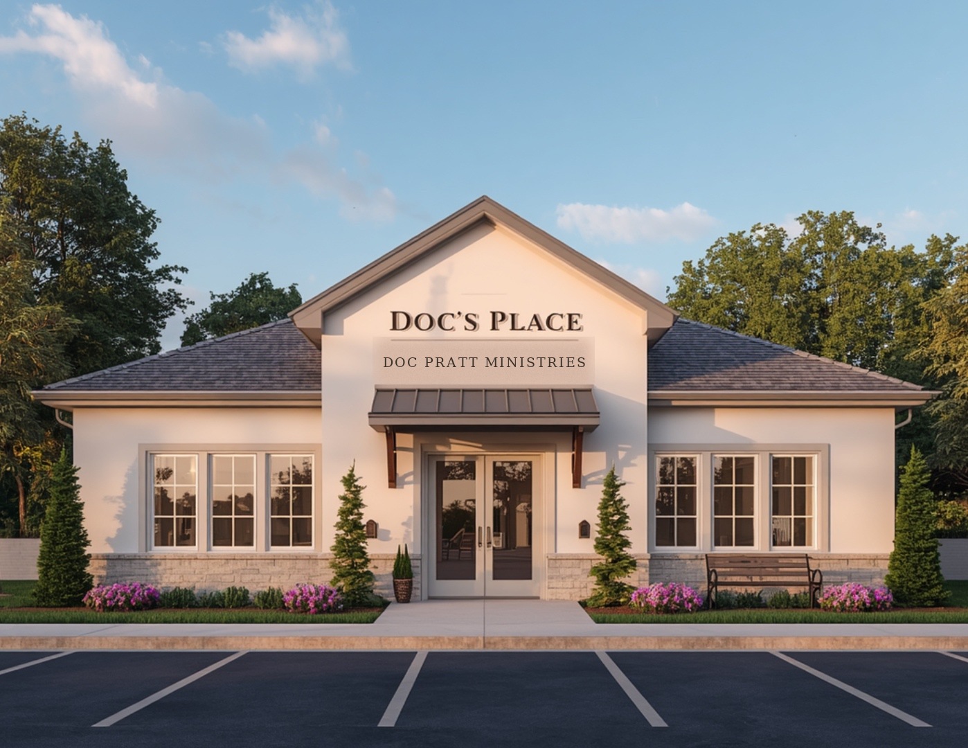 Architectural rendering of Doc's Place — a single-story building with white stucco, gabled roof, arched windows, and 'Doc's Place — Doc Pratt Ministries' signage, surrounded by trees and flower beds.