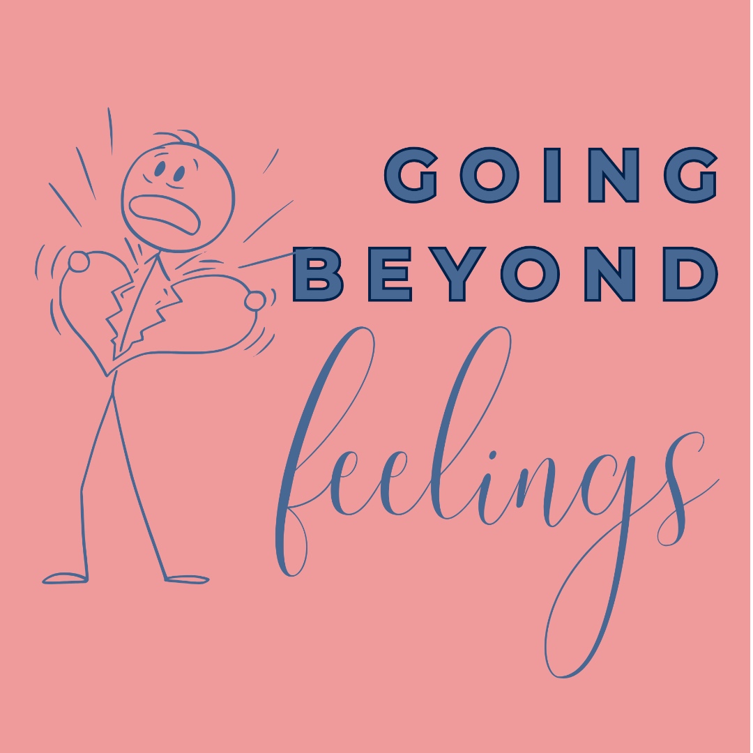 Going Beyond Feelings workbook cover, pink with stick-figure holding a broken heart